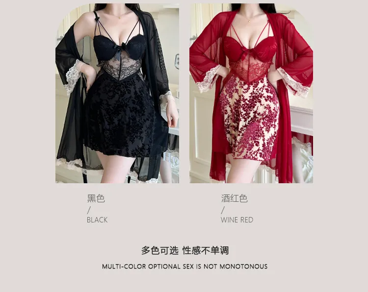 Sexy Women's Burnout Camisole Nightgown Set with Mesh Robe, Lace Low-Cut with Padding, Innocent Temptation Style Loungewear · Wholesale · OEM · Worldwide Shipping - Detail 3