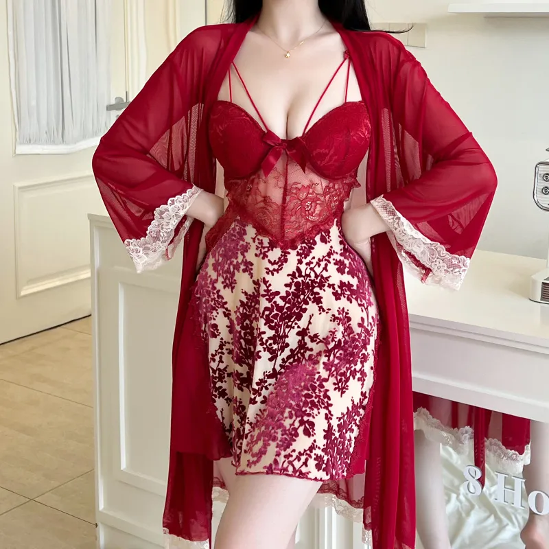 Sexy Women's Burnout Camisole Nightgown Set with Mesh Robe, Lace Low-Cut with Padding, Innocent Temptation Style Loungewear · Wholesale · OEM · Worldwide Shipping - View 4