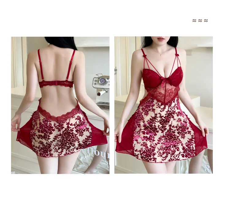 Sexy Women's Burnout Camisole Nightgown Set with Mesh Robe, Lace Low-Cut with Padding, Innocent Temptation Style Loungewear · Wholesale · OEM · Worldwide Shipping - Detail 13
