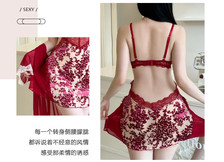 Sexy Women's Burnout Camisole Nightgown Set with Mesh Robe, Lace Low-Cut with Padding, Innocent Temptation Style Loungewear · Wholesale · OEM · Worldwide Shipping - Detail 2