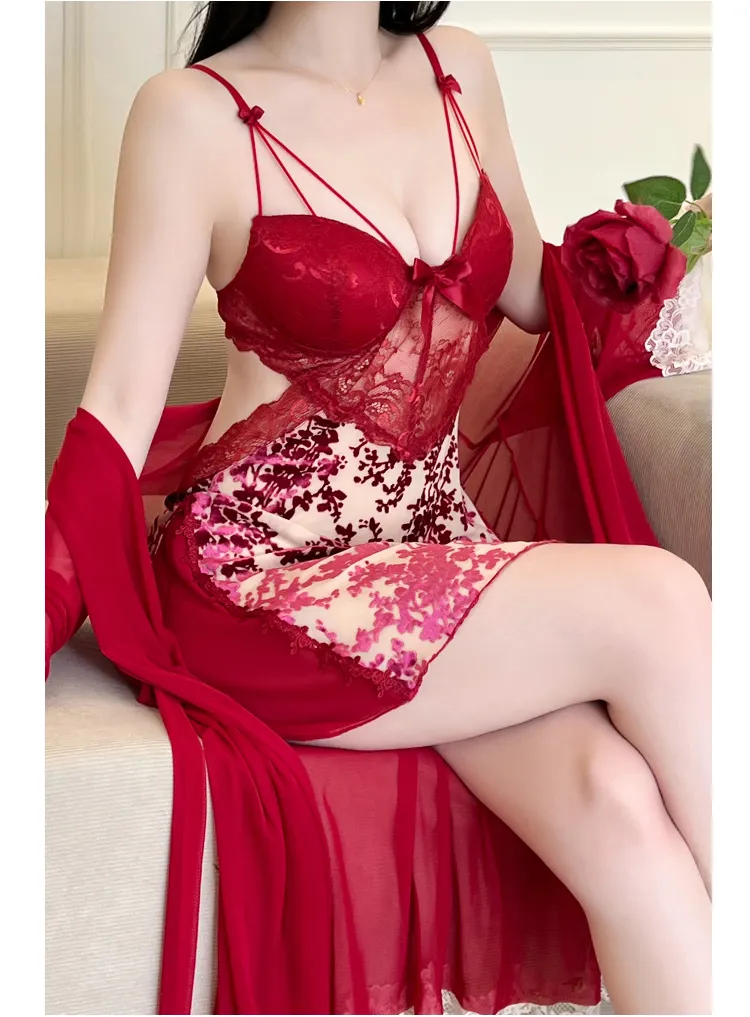 Sexy Women's Burnout Camisole Nightgown Set with Mesh Robe, Lace Low-Cut with Padding, Innocent Temptation Style Loungewear · Wholesale · OEM · Worldwide Shipping - Detail 10