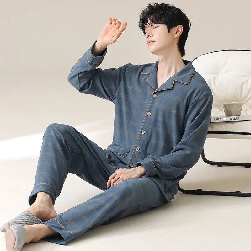남성 니트 코튼 2피스 파자마 세트, 봄·가을 신상, 긴팔 긴바지, 캐주얼 심플 루즈핏 홈웨어 · 도매 · OEM · 전 세계 배송 - View 3