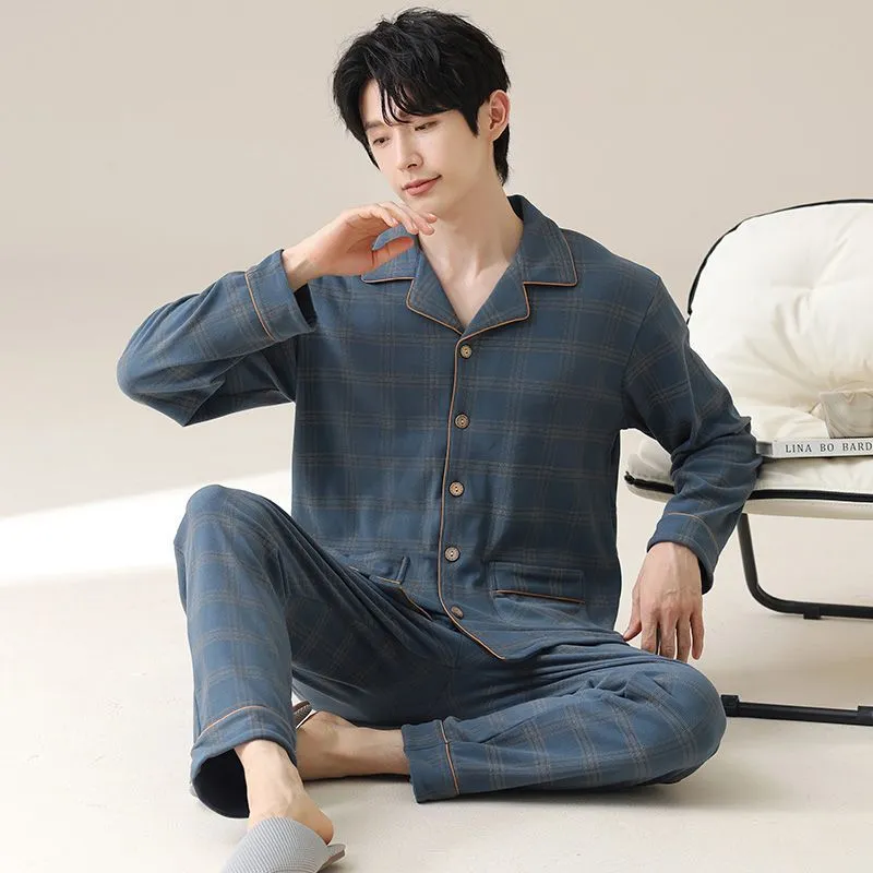 남성 니트 코튼 2피스 파자마 세트, 봄·가을 신상, 긴팔 긴바지, 캐주얼 심플 루즈핏 홈웨어 · 도매 · OEM · 전 세계 배송 - View 4