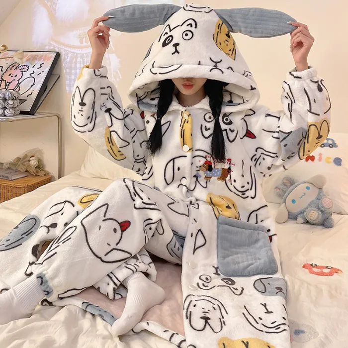 2581W# Winter Pajamas for Women New Robe Set Flannel Cartoon Hooded Loose Loungewear Set 280g · Wholesale · OEM · Worldwide Shipping - Detail 3