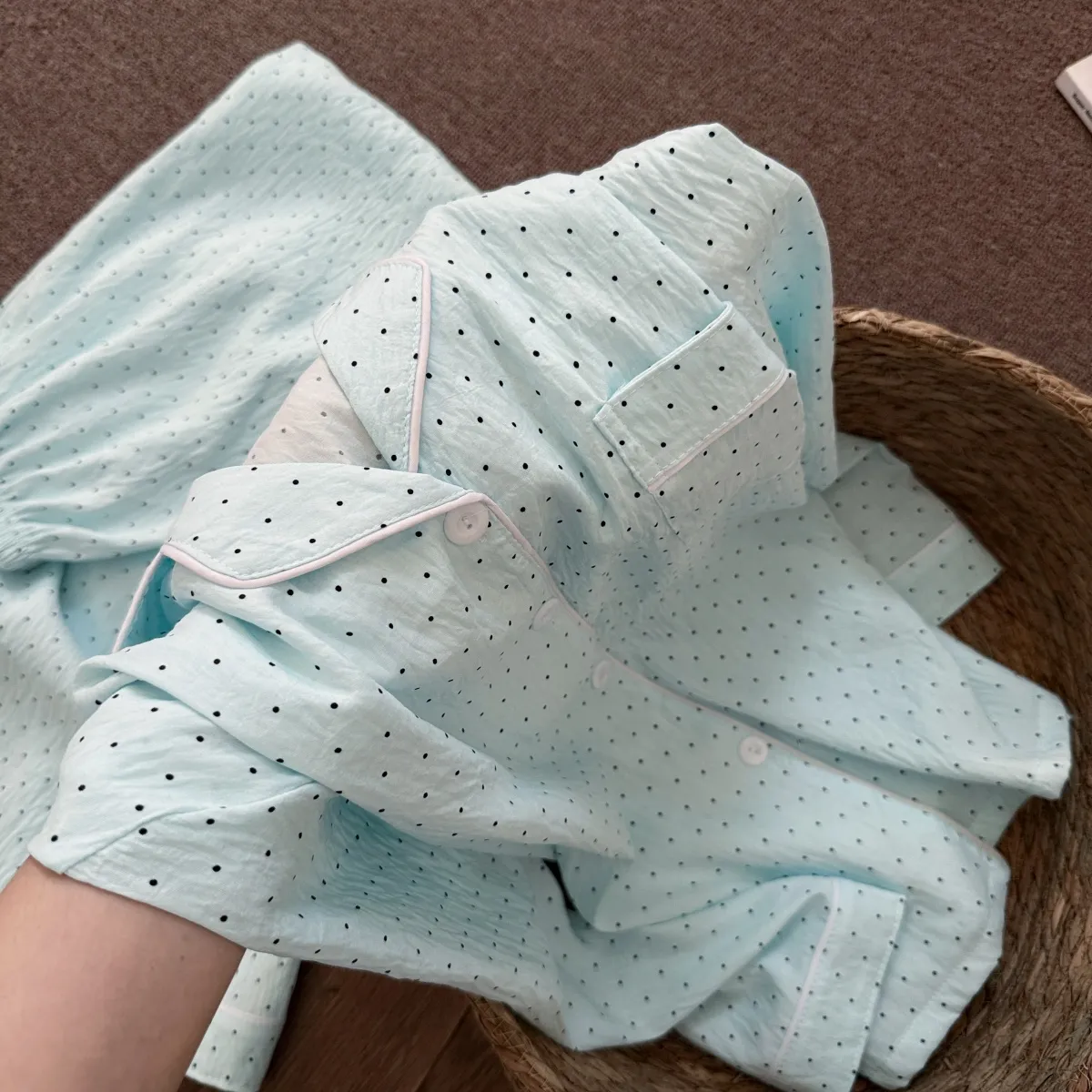 New Cloud Cotton Mint Green Polka Dot Pajamas Women Spring Autumn Long Sleeve Long Pants Girly Premium Loungewear Set · Wholesale · OEM · Worldwide Shipping - Detail 8