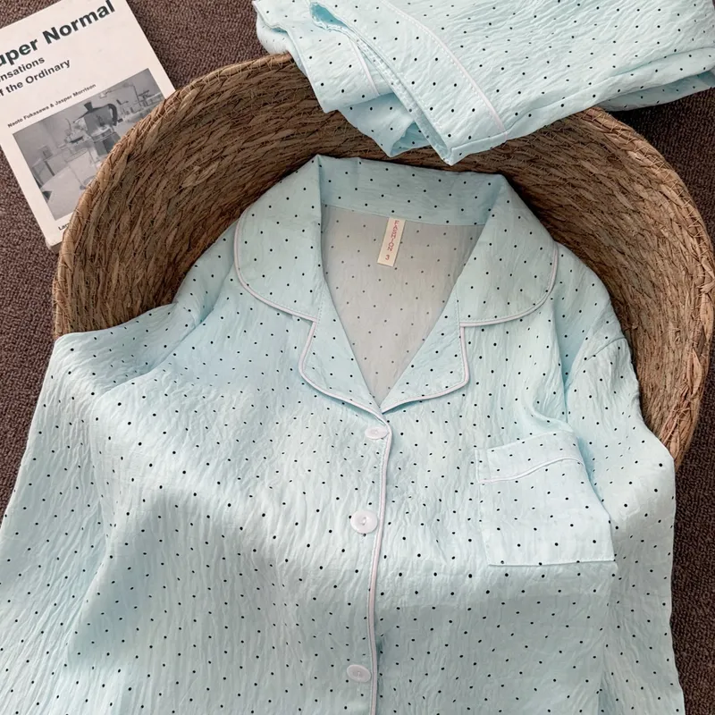 New Cloud Cotton Mint Green Polka Dot Pajamas Women Spring Autumn Long Sleeve Long Pants Girly Premium Loungewear Set · Wholesale · OEM · Worldwide Shipping - View 2