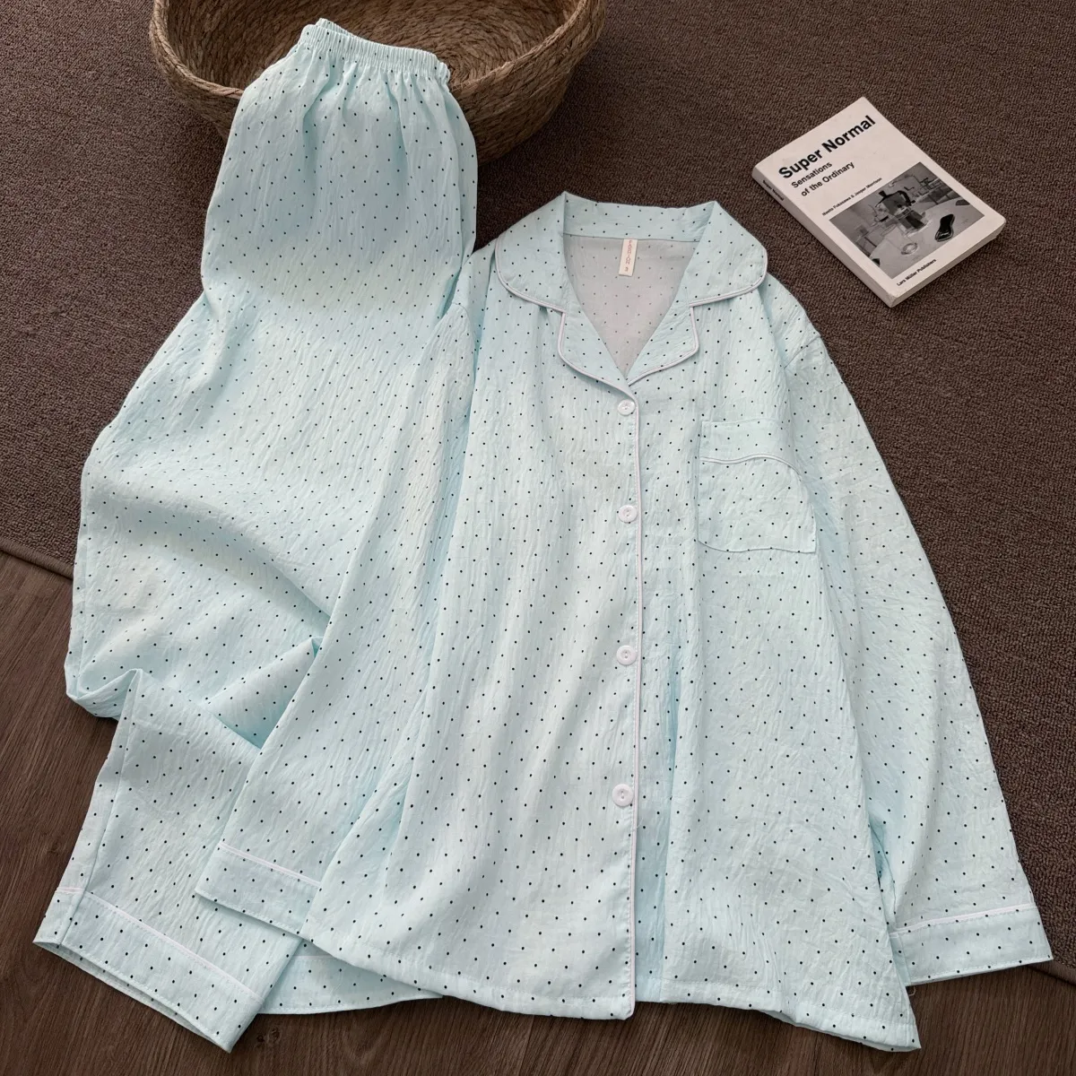 New Cloud Cotton Mint Green Polka Dot Pajamas Women Spring Autumn Long Sleeve Long Pants Girly Premium Loungewear Set · Wholesale · OEM · Worldwide Shipping - Detail 5