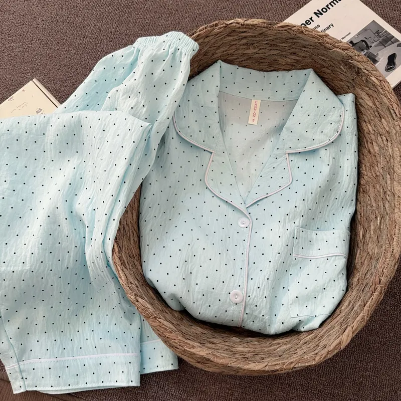 New Cloud Cotton Mint Green Polka Dot Pajamas Women Spring Autumn Long Sleeve Long Pants Girly Premium Loungewear Set · Wholesale · OEM · Worldwide Shipping - View 4