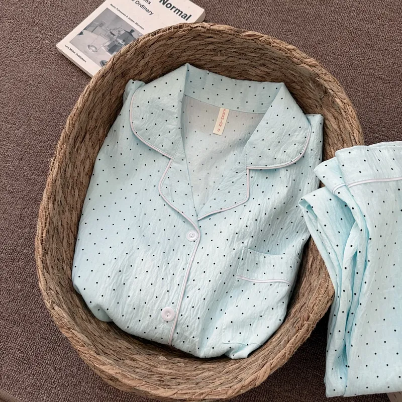 New Cloud Cotton Mint Green Polka Dot Pajamas Women Spring Autumn Long Sleeve Long Pants Girly Premium Loungewear Set · Wholesale · OEM · Worldwide Shipping - View 3