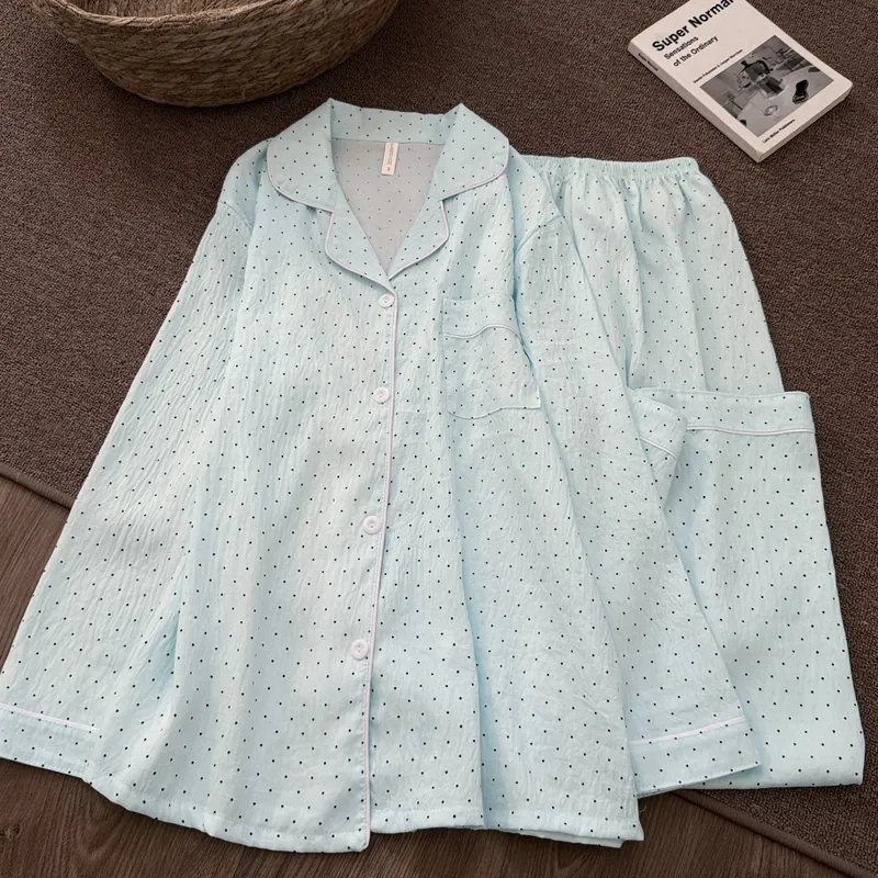 New Cloud Cotton Mint Green Polka Dot Pajamas Women Spring Autumn Long Sleeve Long Pants Girly Premium Loungewear Set · Wholesale · OEM · Worldwide Shipping