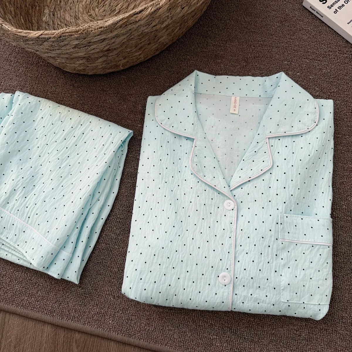 New Cloud Cotton Mint Green Polka Dot Pajamas Women Spring Autumn Long Sleeve Long Pants Girly Premium Loungewear Set · Wholesale · OEM · Worldwide Shipping - Detail 15