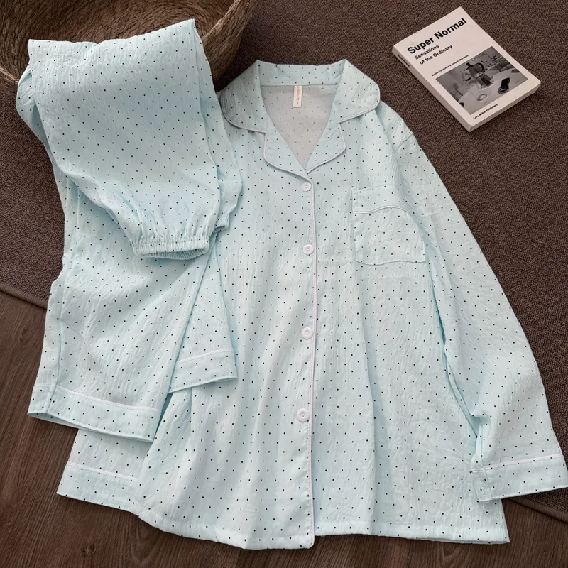 New Cloud Cotton Mint Green Polka Dot Pajamas Women Spring Autumn Long Sleeve Long Pants Girly Premium Loungewear Set · Wholesale · OEM · Worldwide Shipping - View 1