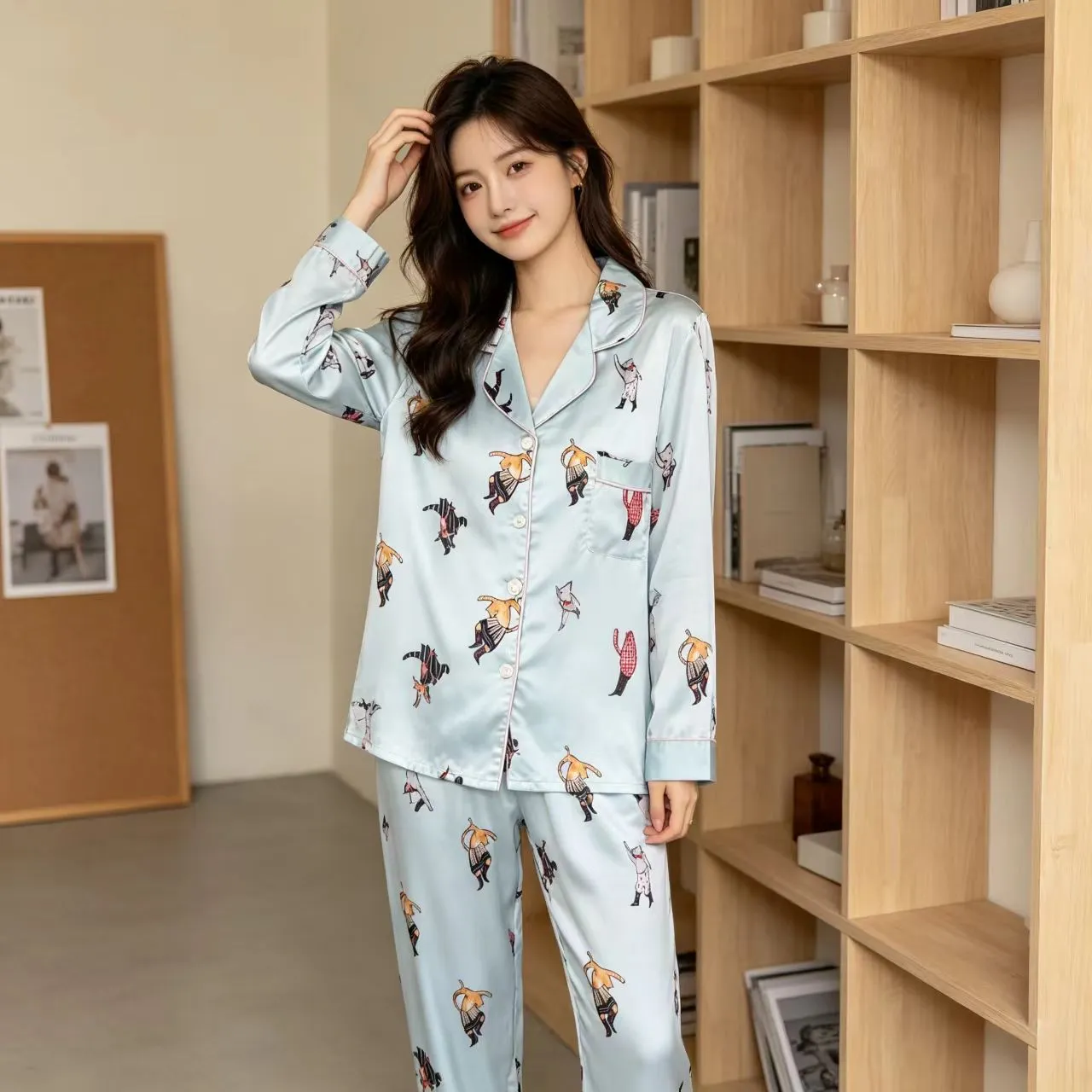 New Ice Snow Silk Pajama Women Spring Autumn Cartoon Long Sleeve Long Pants Thin Girl Sweet Homewear Wearable Two-Piece · Wholesale · OEM · Worldwide Shipping
