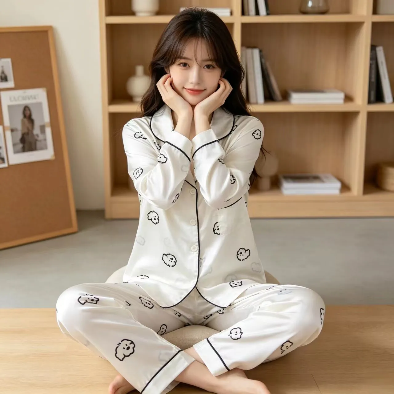 신상 봄가을 아이스 스노우 실크 파자마 여성 긴팔 긴바지 얇은 카툰 홈웨어 카디건 2종 세트 외출 가능 · 도매 · OEM · 전 세계 배송 - View 4