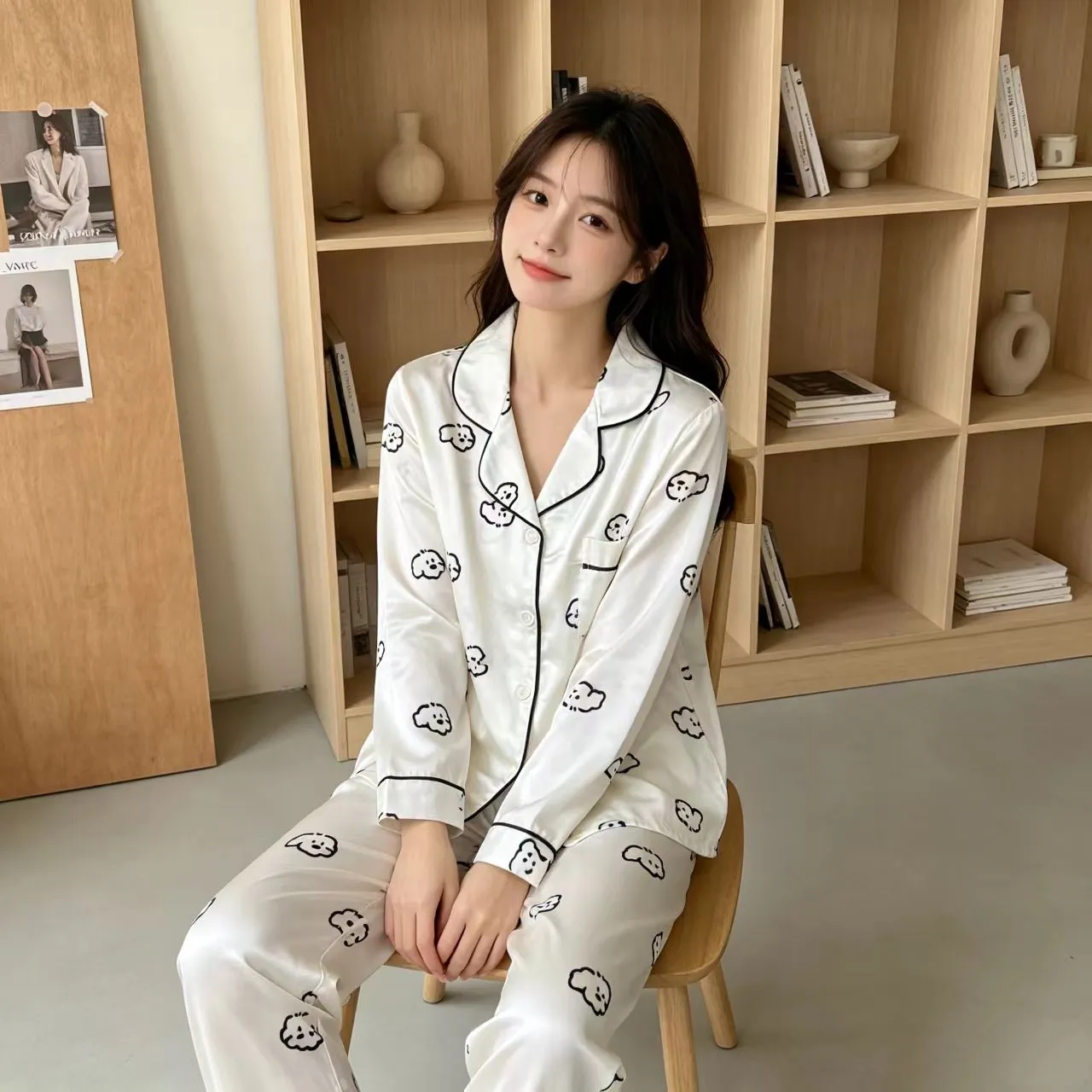 신상 봄가을 아이스 스노우 실크 파자마 여성 긴팔 긴바지 얇은 카툰 홈웨어 카디건 2종 세트 외출 가능 · 도매 · OEM · 전 세계 배송 - Detail 4