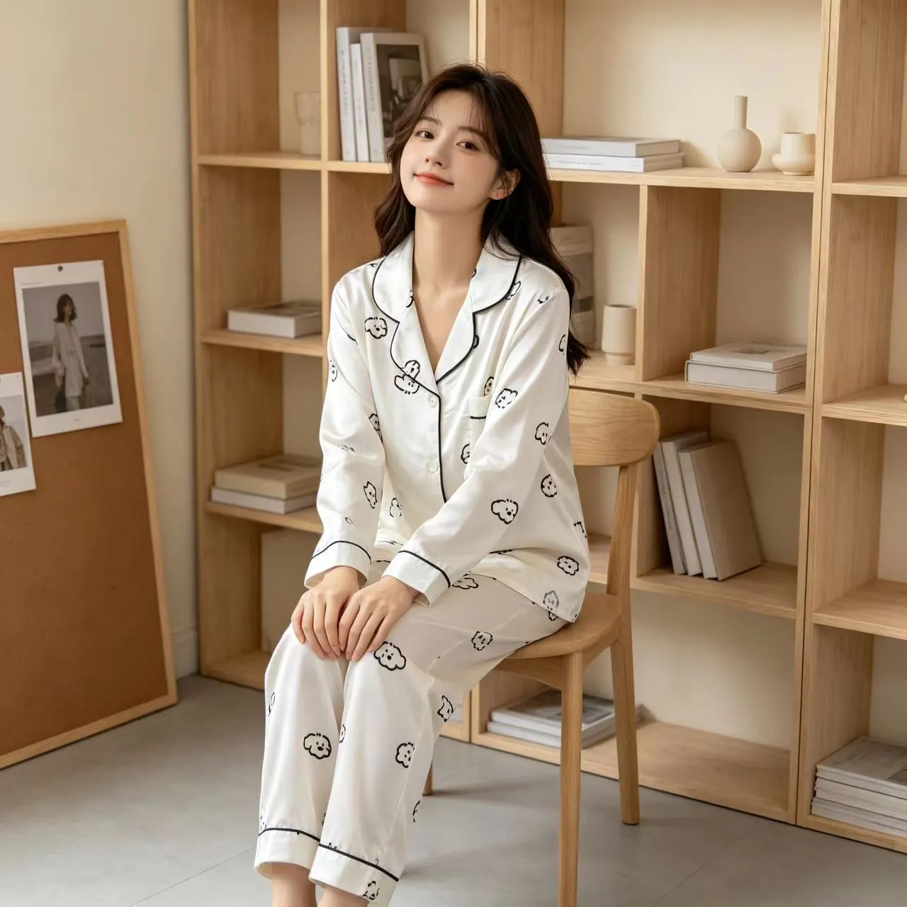 신상 봄가을 아이스 스노우 실크 파자마 여성 긴팔 긴바지 얇은 카툰 홈웨어 카디건 2종 세트 외출 가능 · 도매 · OEM · 전 세계 배송 - View 1