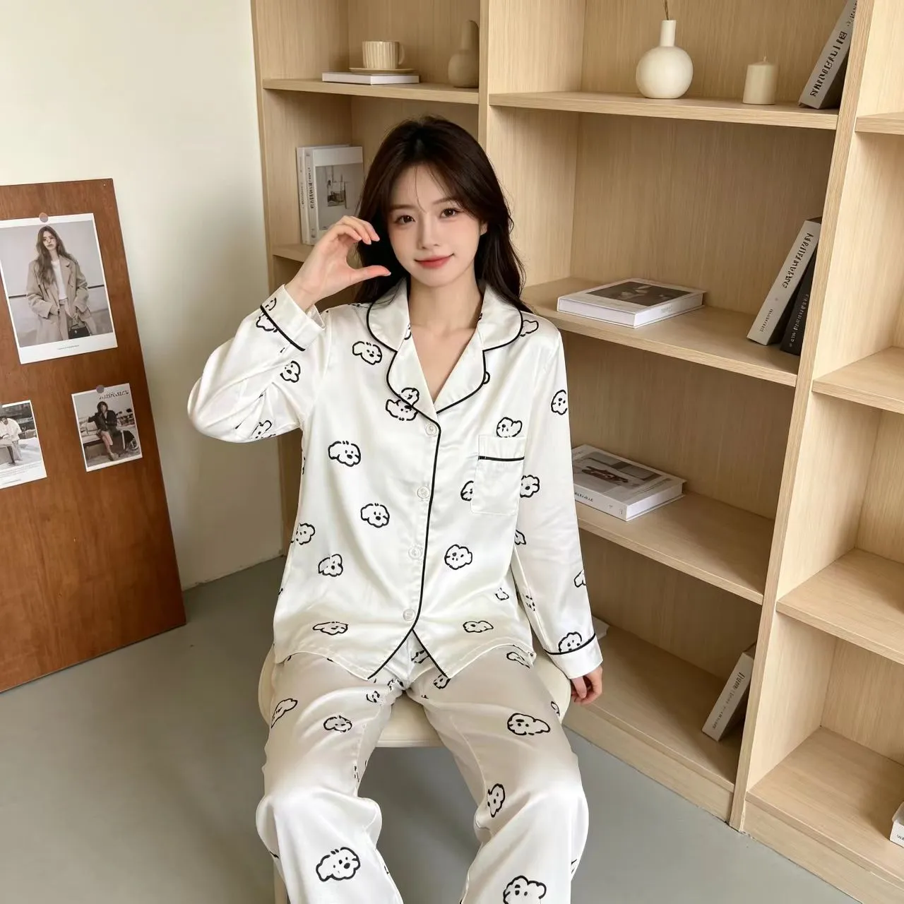 신상 봄가을 아이스 스노우 실크 파자마 여성 긴팔 긴바지 얇은 카툰 홈웨어 카디건 2종 세트 외출 가능 · 도매 · OEM · 전 세계 배송