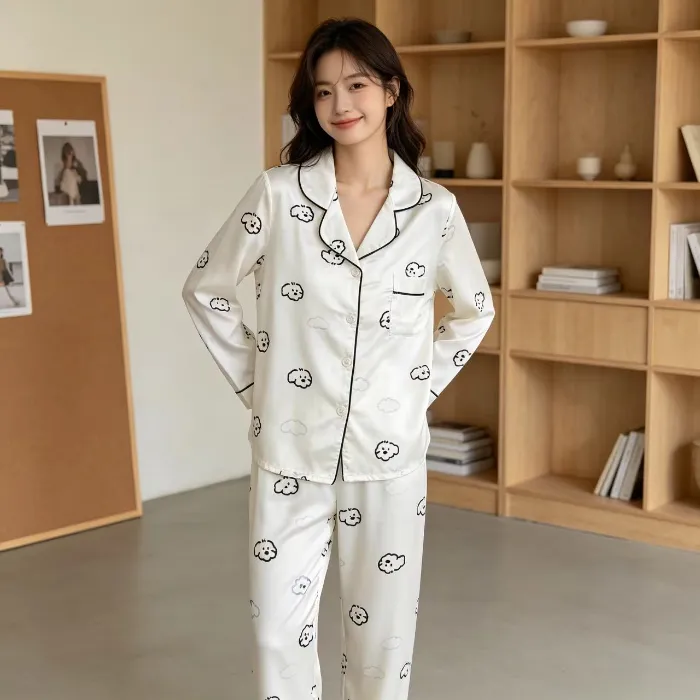 신상 봄가을 아이스 스노우 실크 파자마 여성 긴팔 긴바지 얇은 카툰 홈웨어 카디건 2종 세트 외출 가능 · 도매 · OEM · 전 세계 배송 - Detail 1
