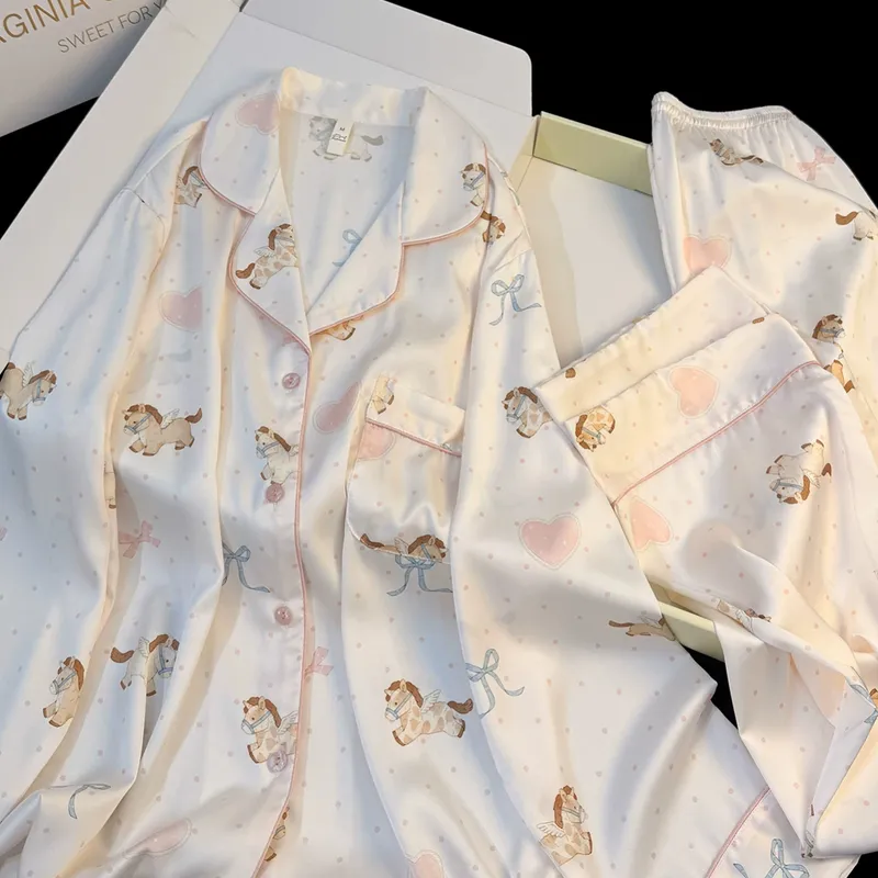 Spring and Autumn New Women's Ice Silk Pajamas Long Sleeve Long Pants Thin Two-Piece Set Wearable Outside Lapel Cardigan Loungewear · Wholesale · OEM · Worldwide Shipping - View 2