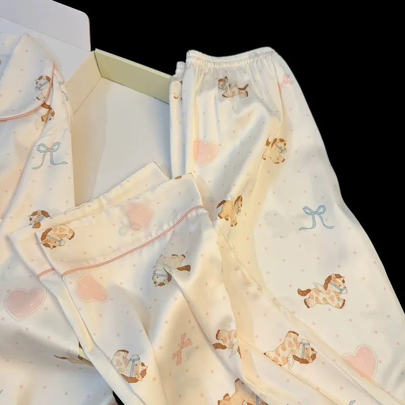 Spring and Autumn New Women's Ice Silk Pajamas Long Sleeve Long Pants Thin Two-Piece Set Wearable Outside Lapel Cardigan Loungewear · Wholesale · OEM · Worldwide Shipping - View 4