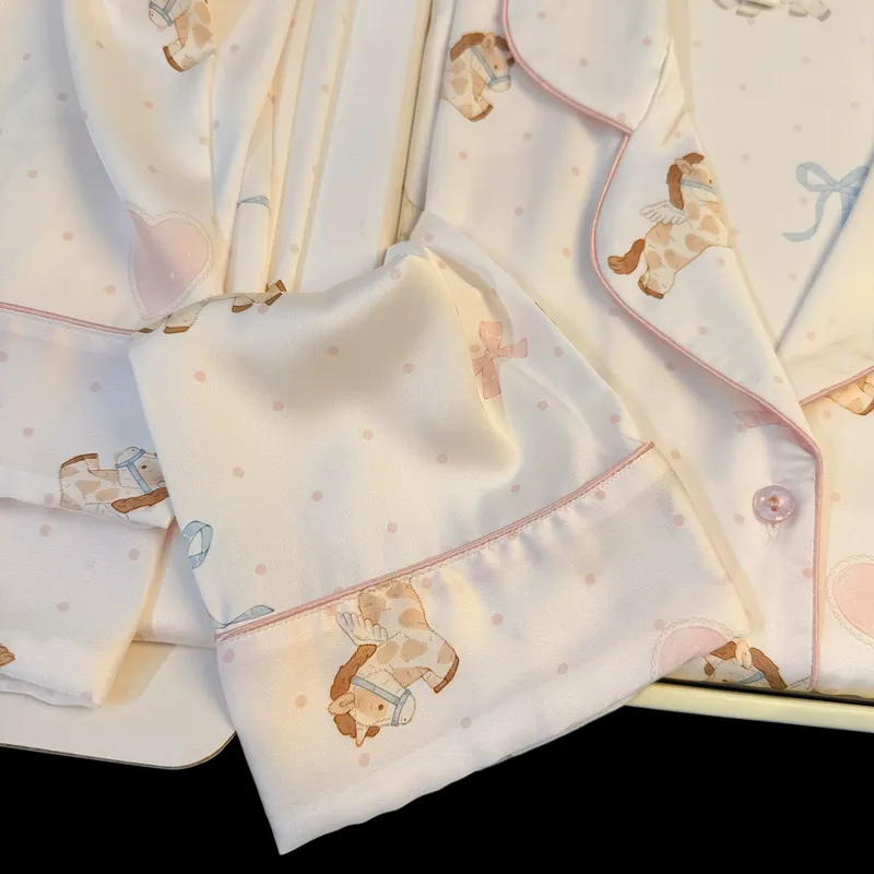 Spring and Autumn New Women's Ice Silk Pajamas Long Sleeve Long Pants Thin Two-Piece Set Wearable Outside Lapel Cardigan Loungewear · Wholesale · OEM · Worldwide Shipping - View 3