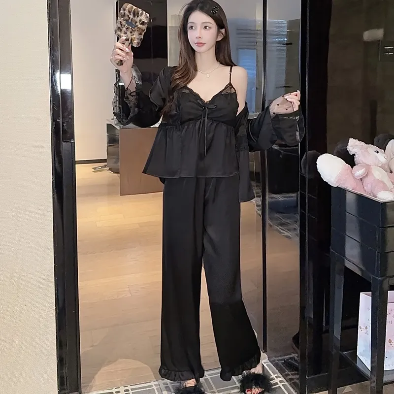 Spring Autumn Sexy Sleepwear Women Ice Silk Cami Long Sleeve Long Pants Three-Piece Set with Chest Pads High-End Light Luxury Style Loungewear · Wholesale · OEM · Worldwide Shipping - Detail 11