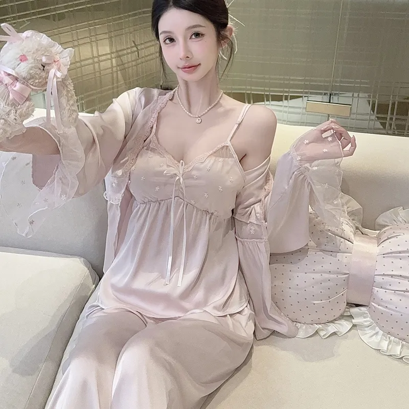 Spring Autumn Sexy Sleepwear Women Ice Silk Cami Long Sleeve Long Pants Three-Piece Set with Chest Pads High-End Light Luxury Style Loungewear · Wholesale · OEM · Worldwide Shipping - Detail 25