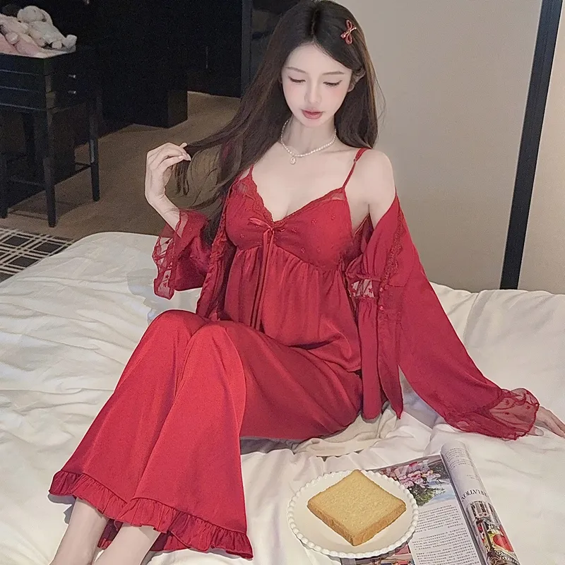 Spring Autumn Sexy Sleepwear Women Ice Silk Cami Long Sleeve Long Pants Three-Piece Set with Chest Pads High-End Light Luxury Style Loungewear · Wholesale · OEM · Worldwide Shipping - Detail 16