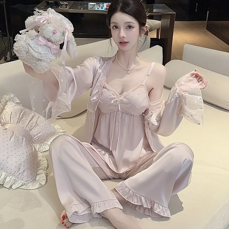 Spring Autumn Sexy Sleepwear Women Ice Silk Cami Long Sleeve Long Pants Three-Piece Set with Chest Pads High-End Light Luxury Style Loungewear · Wholesale · OEM · Worldwide Shipping - Detail 34