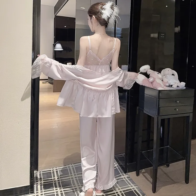 Spring Autumn Sexy Sleepwear Women Ice Silk Cami Long Sleeve Long Pants Three-Piece Set with Chest Pads High-End Light Luxury Style Loungewear · Wholesale · OEM · Worldwide Shipping - Detail 24
