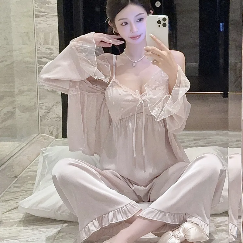 Spring Autumn Sexy Sleepwear Women Ice Silk Cami Long Sleeve Long Pants Three-Piece Set with Chest Pads High-End Light Luxury Style Loungewear · Wholesale · OEM · Worldwide Shipping - Detail 23