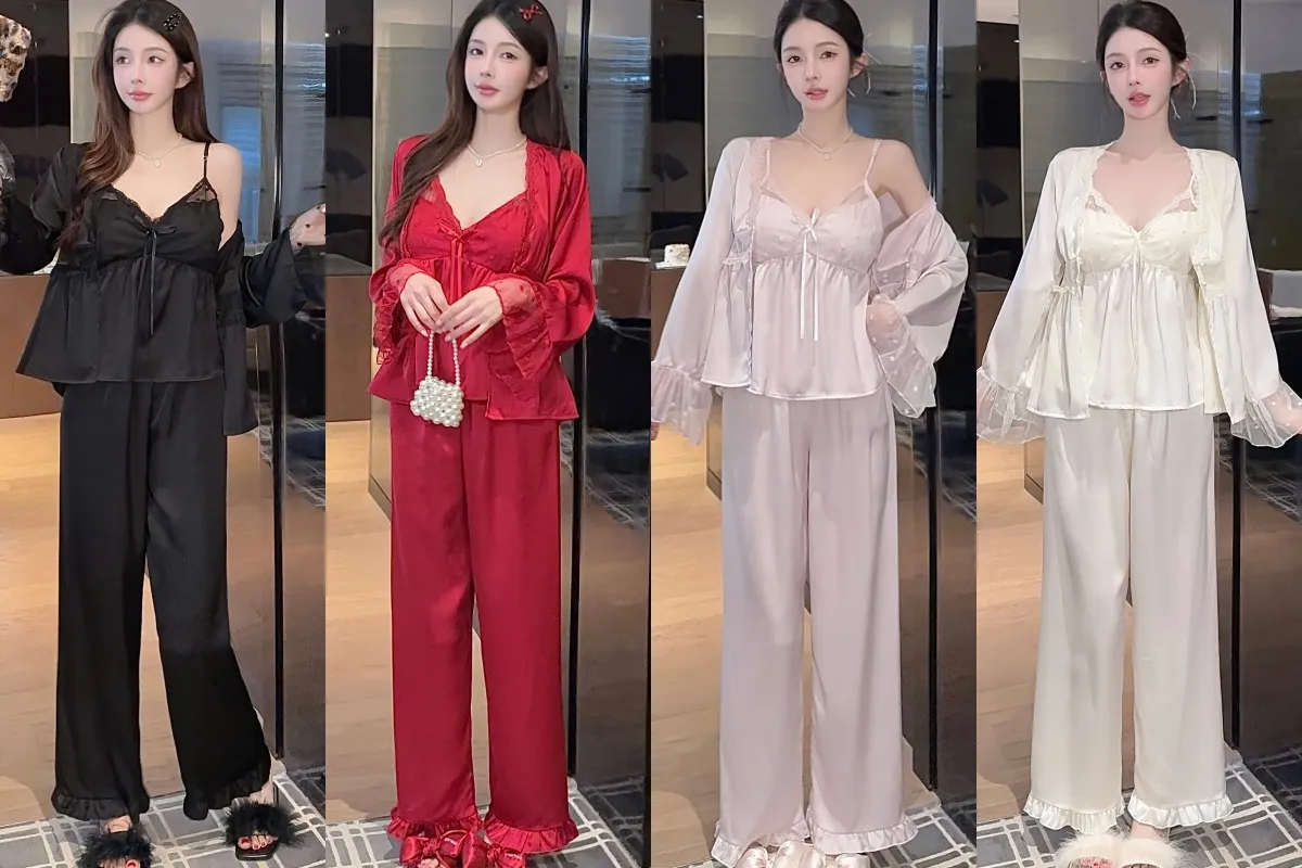 Spring Autumn Sexy Sleepwear Women Ice Silk Cami Long Sleeve Long Pants Three-Piece Set with Chest Pads High-End Light Luxury Style Loungewear · Wholesale · OEM · Worldwide Shipping - Detail 1