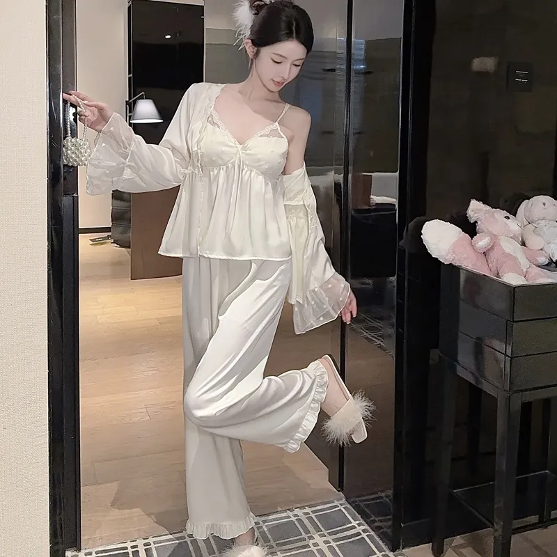 Spring Autumn Sexy Sleepwear Women Ice Silk Cami Long Sleeve Long Pants Three-Piece Set with Chest Pads High-End Light Luxury Style Loungewear · Wholesale · OEM · Worldwide Shipping - Detail 38