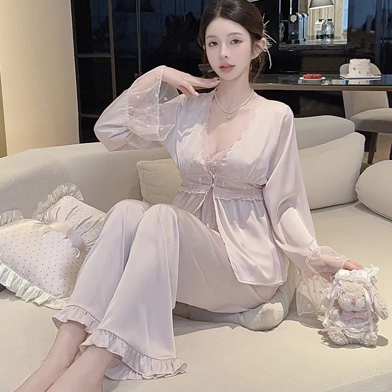 Spring Autumn Sexy Sleepwear Women Ice Silk Cami Long Sleeve Long Pants Three-Piece Set with Chest Pads High-End Light Luxury Style Loungewear · Wholesale · OEM · Worldwide Shipping - Detail 28