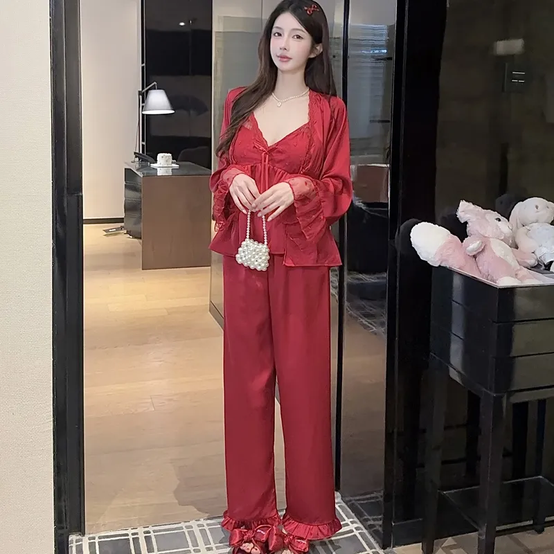 Spring Autumn Sexy Sleepwear Women Ice Silk Cami Long Sleeve Long Pants Three-Piece Set with Chest Pads High-End Light Luxury Style Loungewear · Wholesale · OEM · Worldwide Shipping - Detail 13