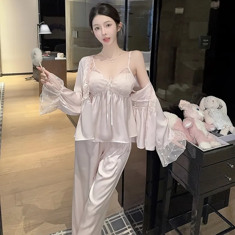 Spring Autumn Sexy Sleepwear Women Ice Silk Cami Long Sleeve Long Pants Three-Piece Set with Chest Pads High-End Light Luxury Style Loungewear · Wholesale · OEM · Worldwide Shipping - Detail 27