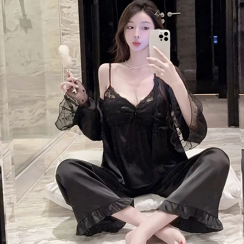 Spring Autumn Sexy Sleepwear Women Ice Silk Cami Long Sleeve Long Pants Three-Piece Set with Chest Pads High-End Light Luxury Style Loungewear · Wholesale · OEM · Worldwide Shipping - Detail 4