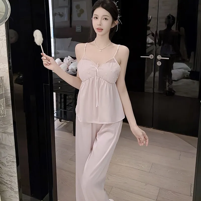 Spring Autumn Sexy Sleepwear Women Ice Silk Cami Long Sleeve Long Pants Three-Piece Set with Chest Pads High-End Light Luxury Style Loungewear · Wholesale · OEM · Worldwide Shipping - Detail 21