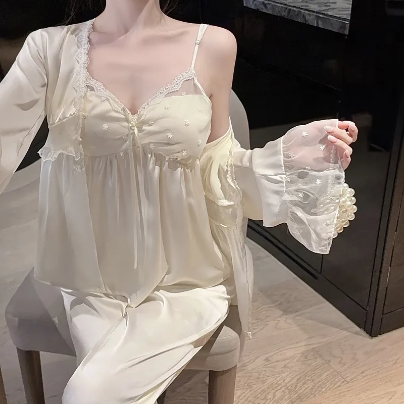 Spring Autumn Sexy Sleepwear Women Ice Silk Cami Long Sleeve Long Pants Three-Piece Set with Chest Pads High-End Light Luxury Style Loungewear · Wholesale · OEM · Worldwide Shipping - Detail 37