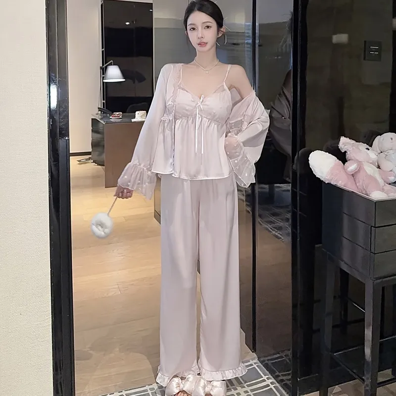 Spring Autumn Sexy Sleepwear Women Ice Silk Cami Long Sleeve Long Pants Three-Piece Set with Chest Pads High-End Light Luxury Style Loungewear · Wholesale · OEM · Worldwide Shipping - Detail 22