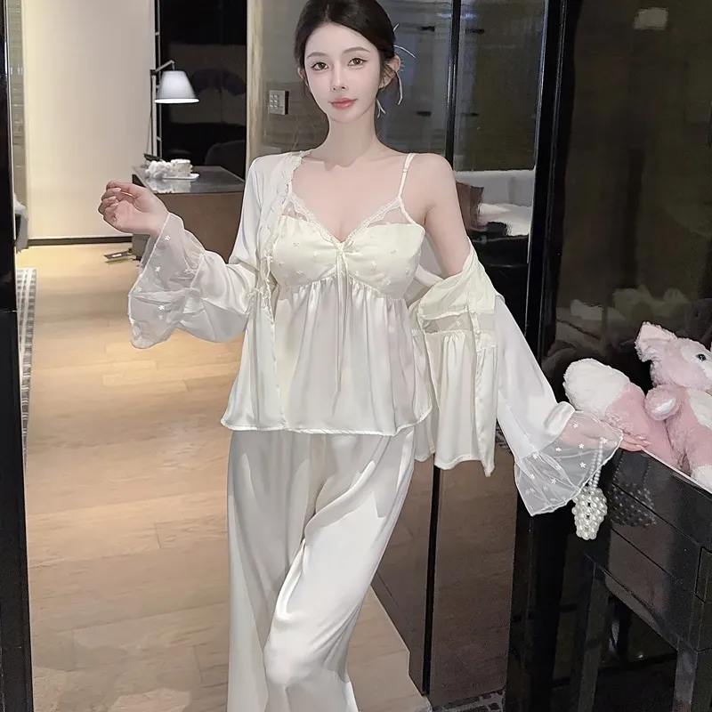 Spring Autumn Sexy Sleepwear Women Ice Silk Cami Long Sleeve Long Pants Three-Piece Set with Chest Pads High-End Light Luxury Style Loungewear · Wholesale · OEM · Worldwide Shipping - Detail 35