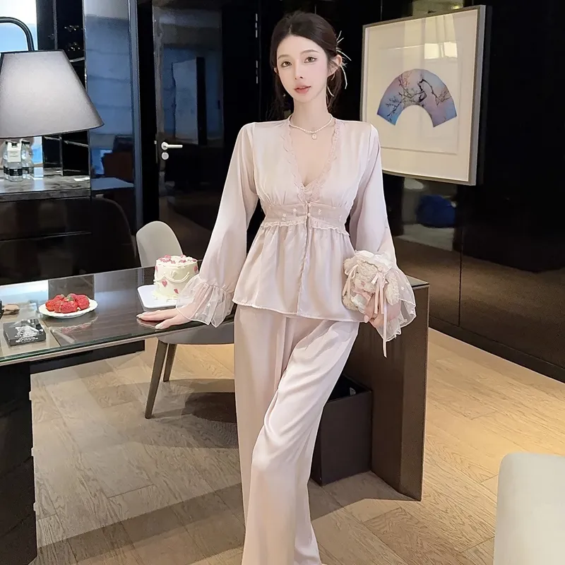 Spring Autumn Sexy Sleepwear Women Ice Silk Cami Long Sleeve Long Pants Three-Piece Set with Chest Pads High-End Light Luxury Style Loungewear · Wholesale · OEM · Worldwide Shipping - Detail 30