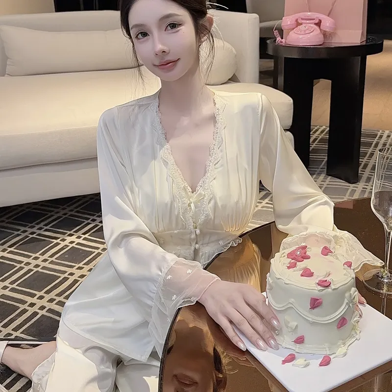 Spring Autumn Sexy Sleepwear Women Ice Silk Cami Long Sleeve Long Pants Three-Piece Set with Chest Pads High-End Light Luxury Style Loungewear · Wholesale · OEM · Worldwide Shipping - Detail 40