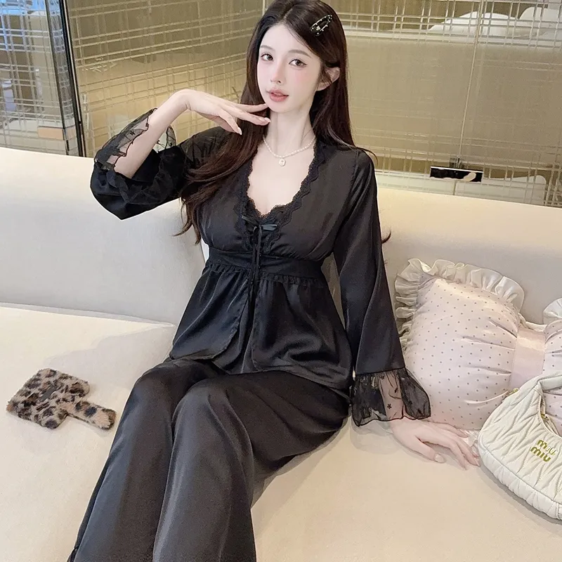 Spring Autumn Sexy Sleepwear Women Ice Silk Cami Long Sleeve Long Pants Three-Piece Set with Chest Pads High-End Light Luxury Style Loungewear · Wholesale · OEM · Worldwide Shipping - Detail 9
