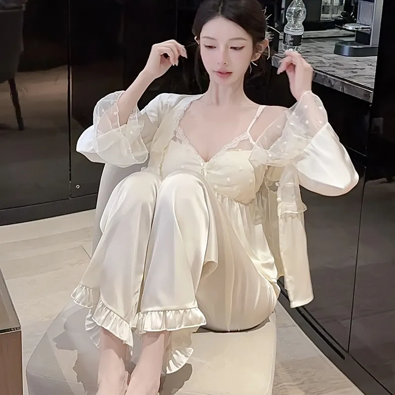 Spring Autumn Sexy Sleepwear Women Ice Silk Cami Long Sleeve Long Pants Three-Piece Set with Chest Pads High-End Light Luxury Style Loungewear · Wholesale · OEM · Worldwide Shipping - Detail 39