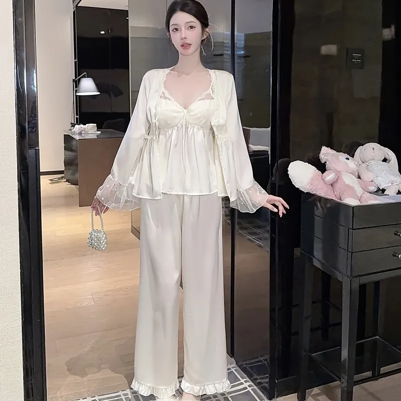 Spring Autumn Sexy Sleepwear Women Ice Silk Cami Long Sleeve Long Pants Three-Piece Set with Chest Pads High-End Light Luxury Style Loungewear · Wholesale · OEM · Worldwide Shipping - Detail 31