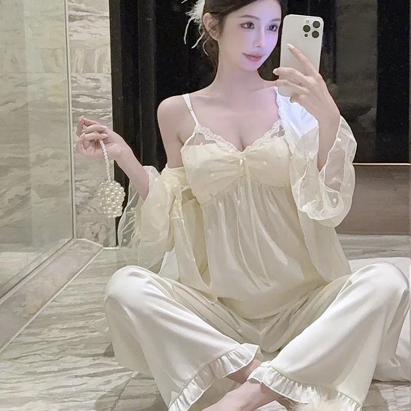 Spring Autumn Sexy Sleepwear Women Ice Silk Cami Long Sleeve Long Pants Three-Piece Set with Chest Pads High-End Light Luxury Style Loungewear · Wholesale · OEM · Worldwide Shipping - View 4