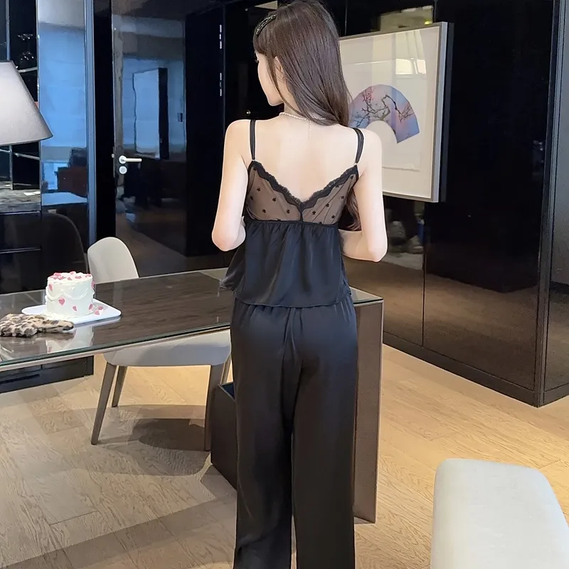 Spring Autumn Sexy Sleepwear Women Ice Silk Cami Long Sleeve Long Pants Three-Piece Set with Chest Pads High-End Light Luxury Style Loungewear · Wholesale · OEM · Worldwide Shipping - Detail 7