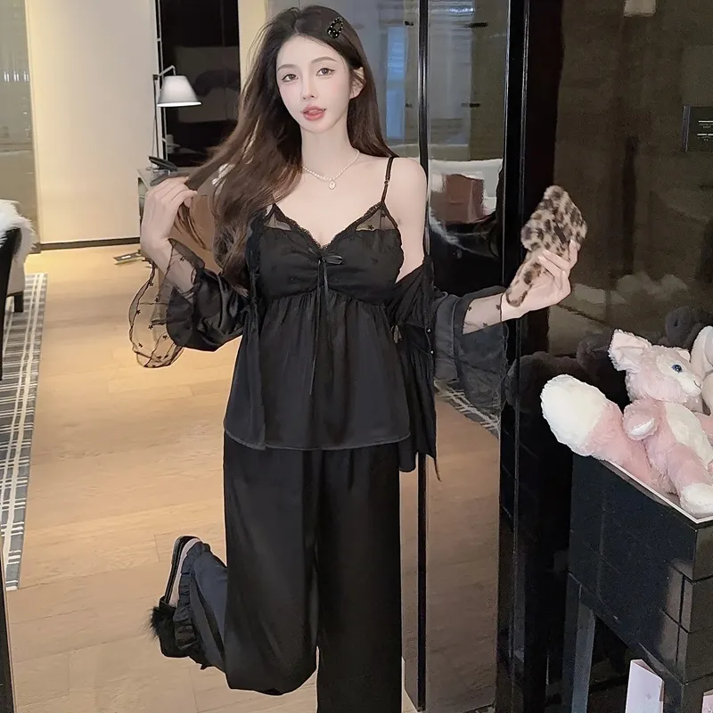 Spring Autumn Sexy Sleepwear Women Ice Silk Cami Long Sleeve Long Pants Three-Piece Set with Chest Pads High-End Light Luxury Style Loungewear · Wholesale · OEM · Worldwide Shipping - Detail 2