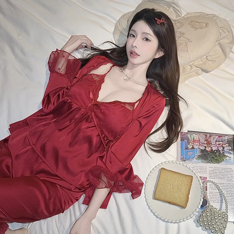 Spring Autumn Sexy Sleepwear Women Ice Silk Cami Long Sleeve Long Pants Three-Piece Set with Chest Pads High-End Light Luxury Style Loungewear · Wholesale · OEM · Worldwide Shipping - Detail 14